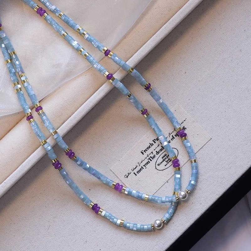 Pearl Choker Necklace Vintage - Minar Unusual Blue Natural Stone Shell